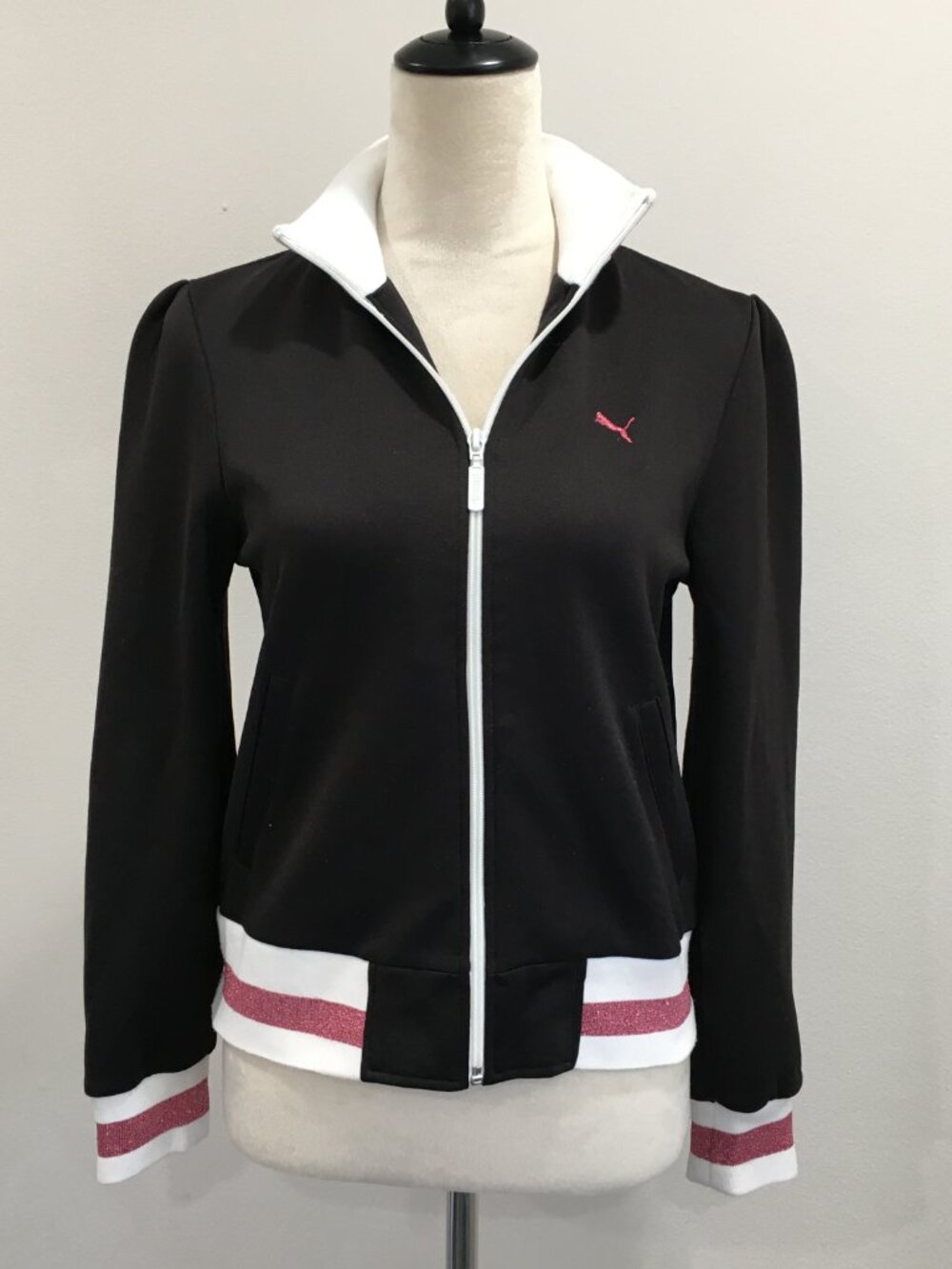 PUMA Black White Pink Glitter Cotton Trim Full Zip Long Sleeve Track Jacket - Picture 4 of 15
